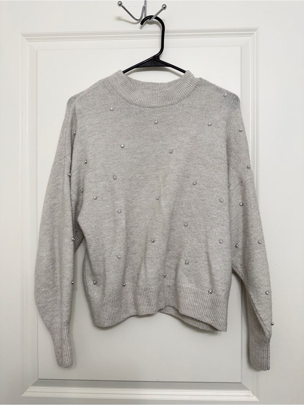 H&M Light Gray Pearl-Accent Crewneck Sweater